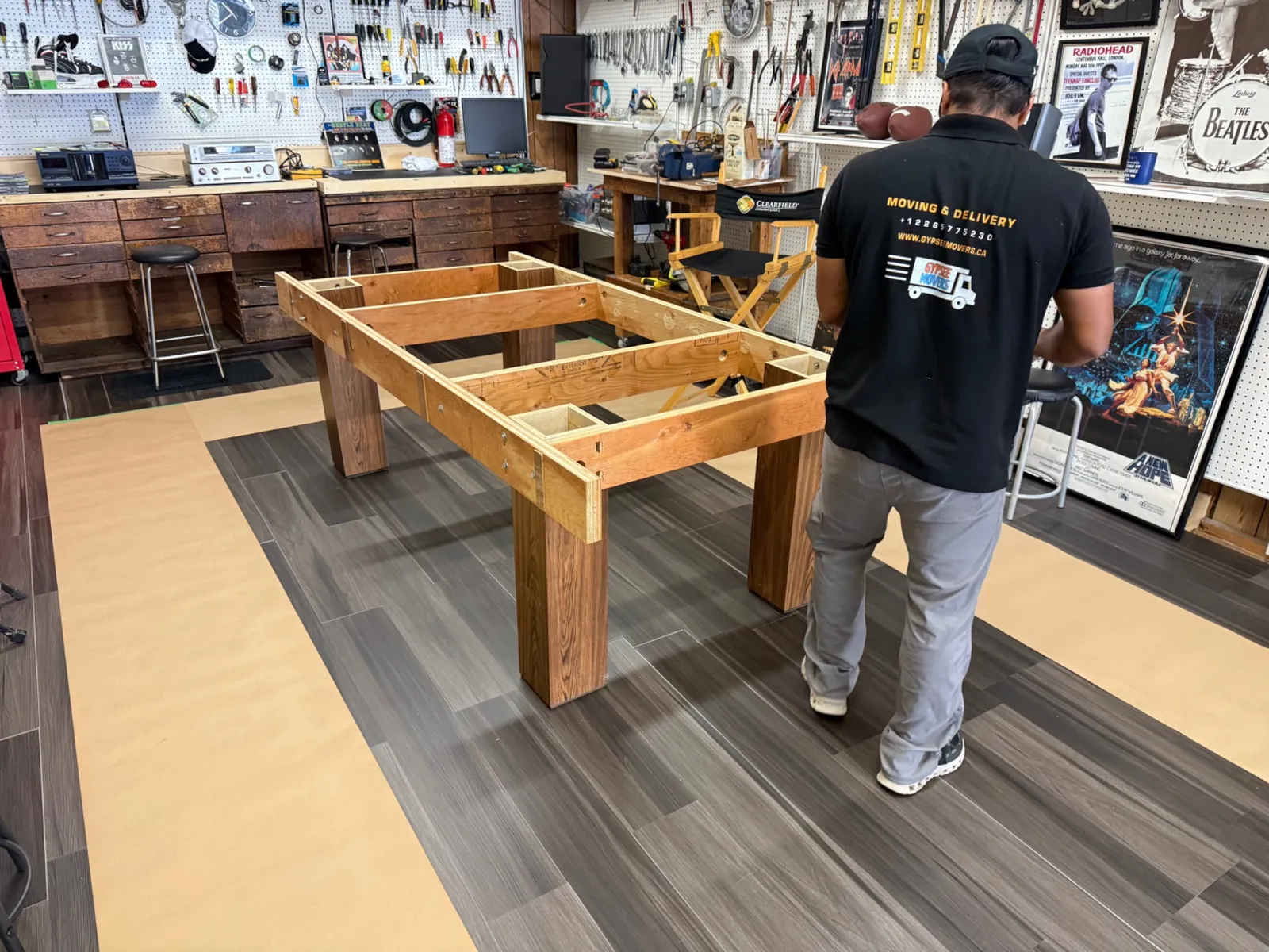 Pool table frame dismantled for safe removal