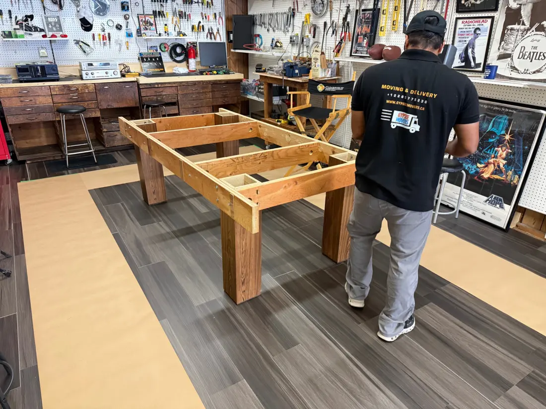 Pool table cabinet frame ready for setup