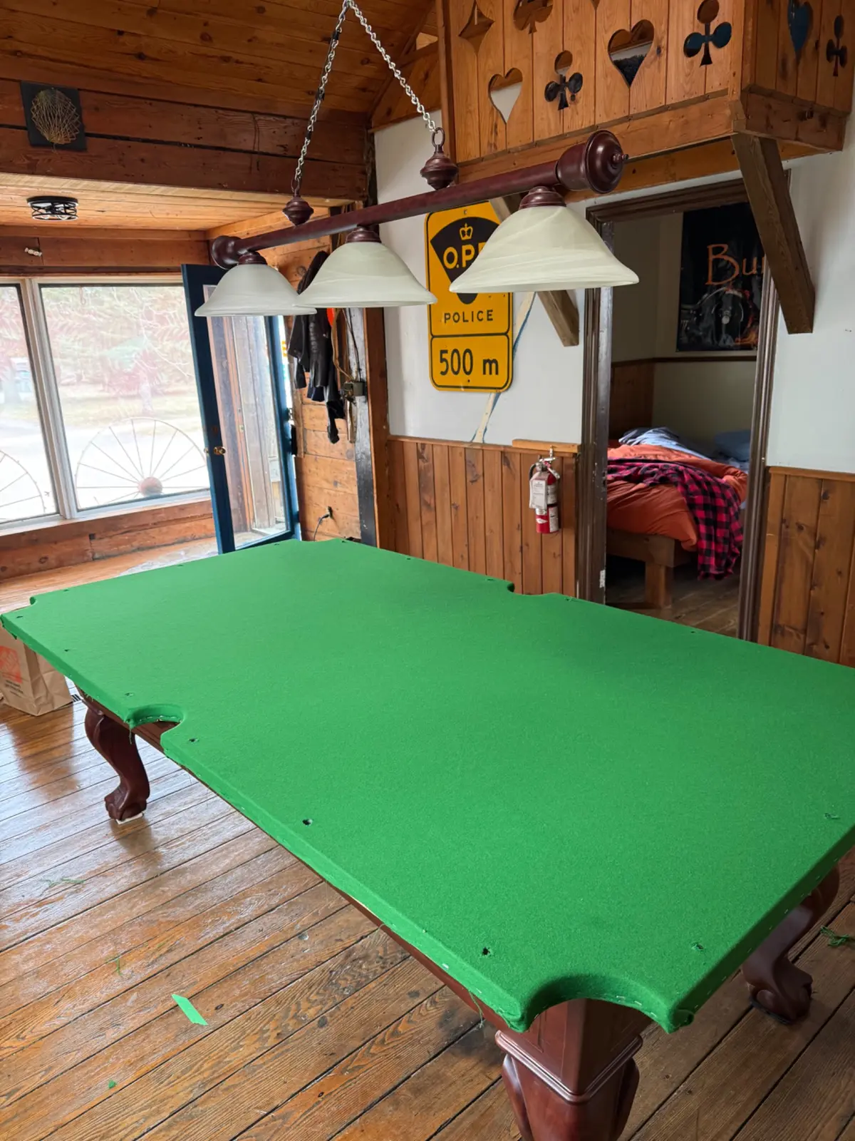 Freshly refelted pool table in a Tillsonburg game room