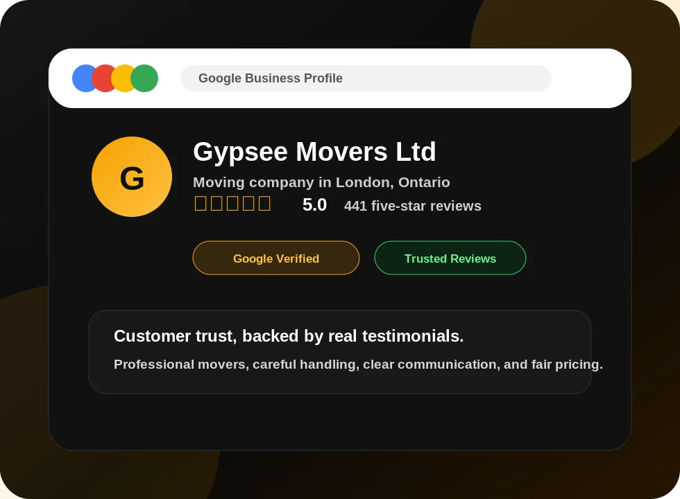 Gypsee Movers Google Business Profile proof showing 5.0 rating and 441 five-star reviews