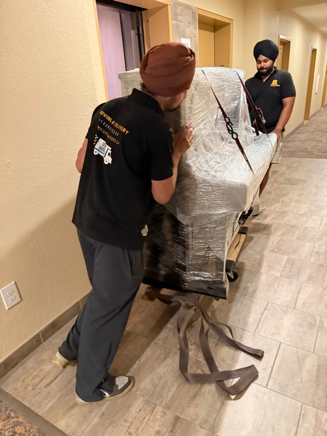 Piano placed securely on a piano sled